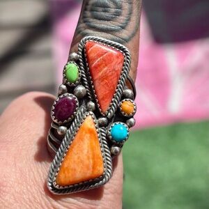 Multistone Orange Triangle Sterling Silver Statement Ring